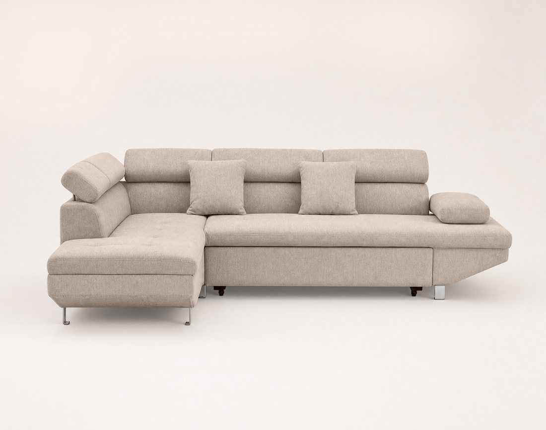 Canapé MARGAUX d'angle gauche 5 places convertible avec coffre et têtières réglables en velours texturé | Best Mobilier