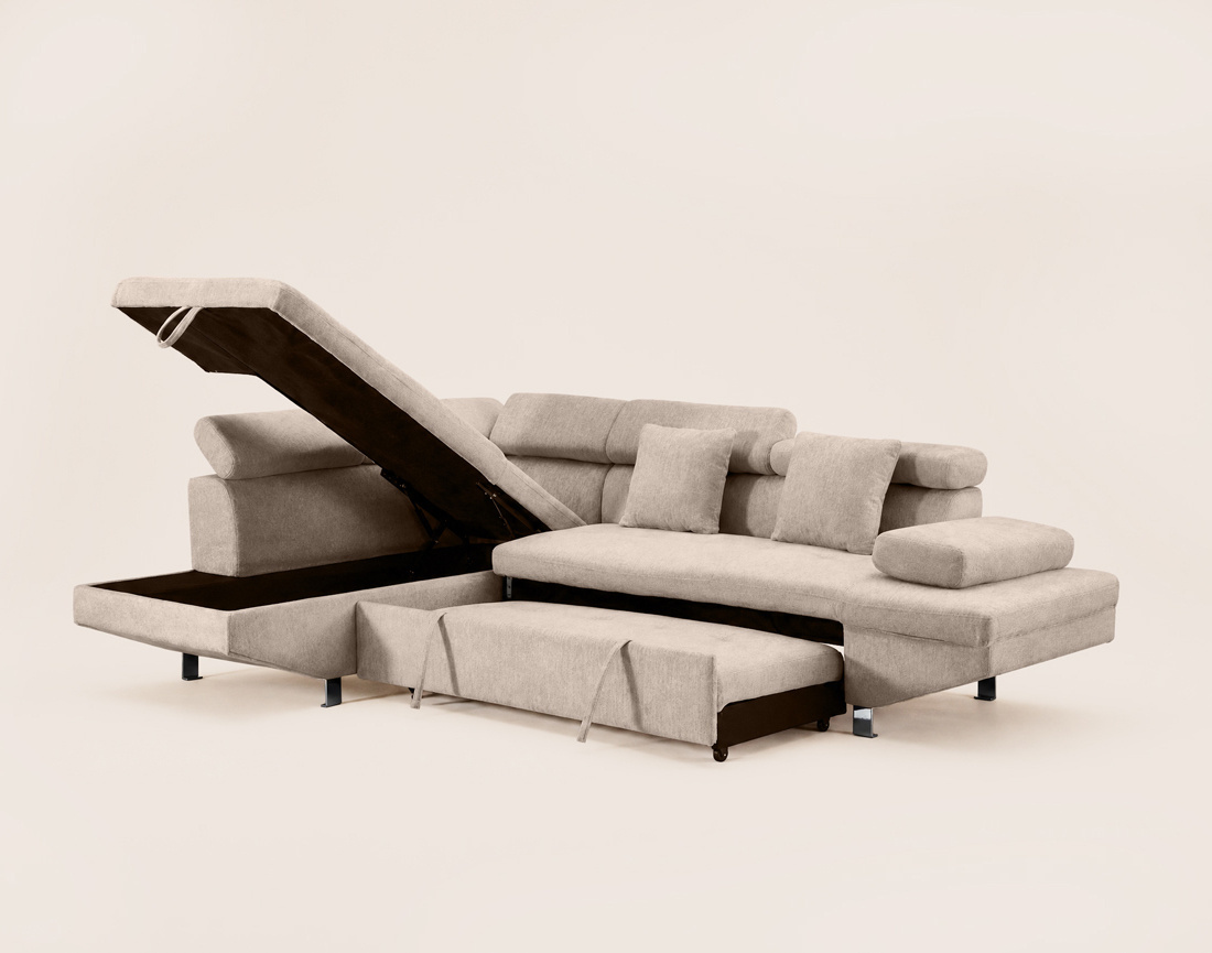 Canapé MARGAUX d'angle gauche 5 places convertible avec coffre et têtières réglables en velours texturé | Best Mobilier