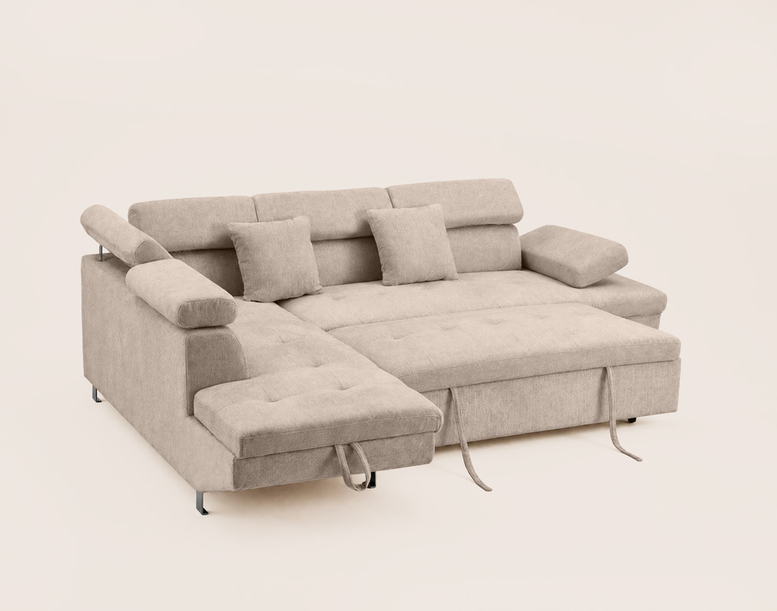 Canapé MARGAUX d'angle gauche 5 places convertible avec coffre et têtières réglables en velours texturé | Best Mobilier