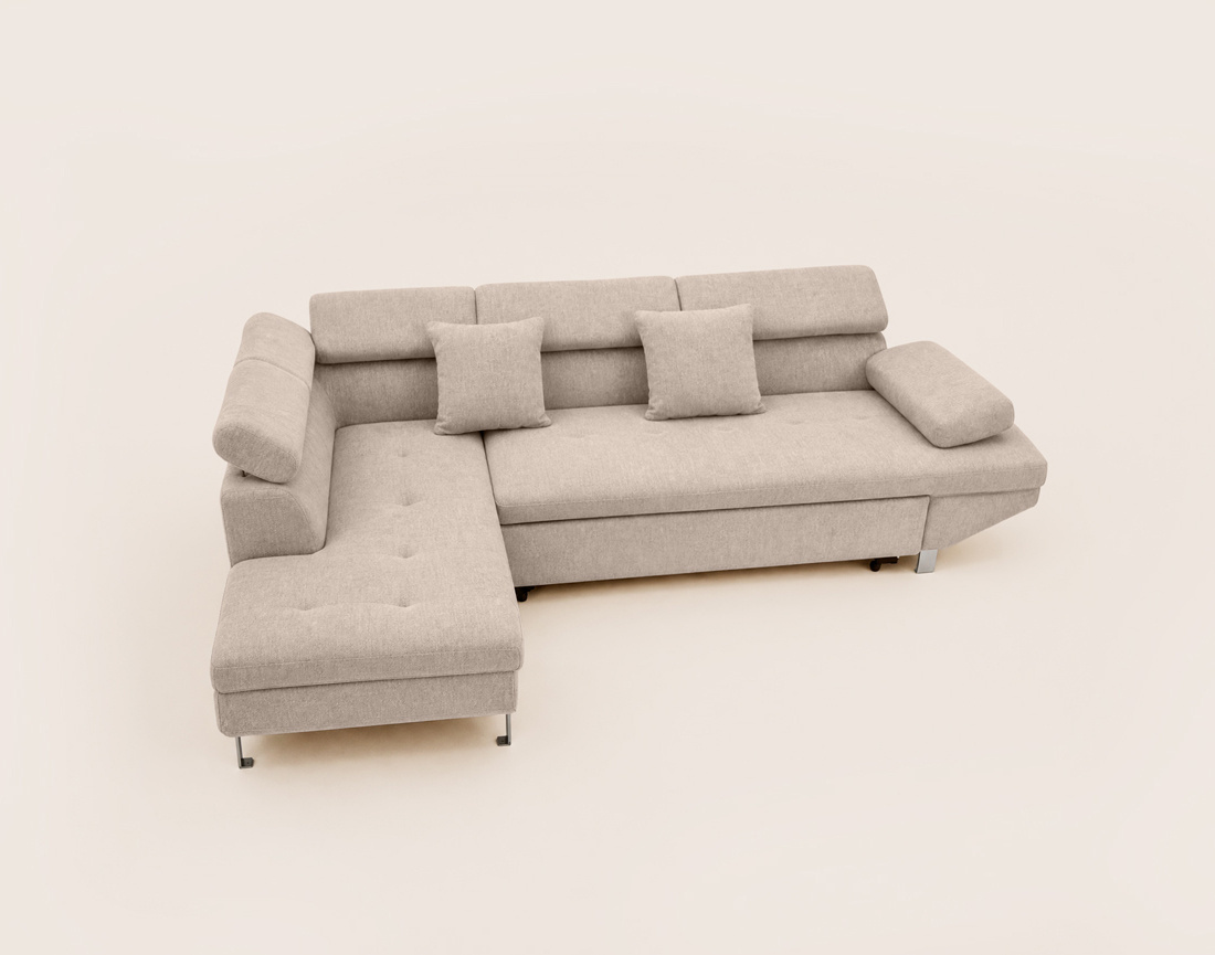Canapé MARGAUX d'angle gauche 5 places convertible avec coffre et têtières réglables en velours texturé | Best Mobilier