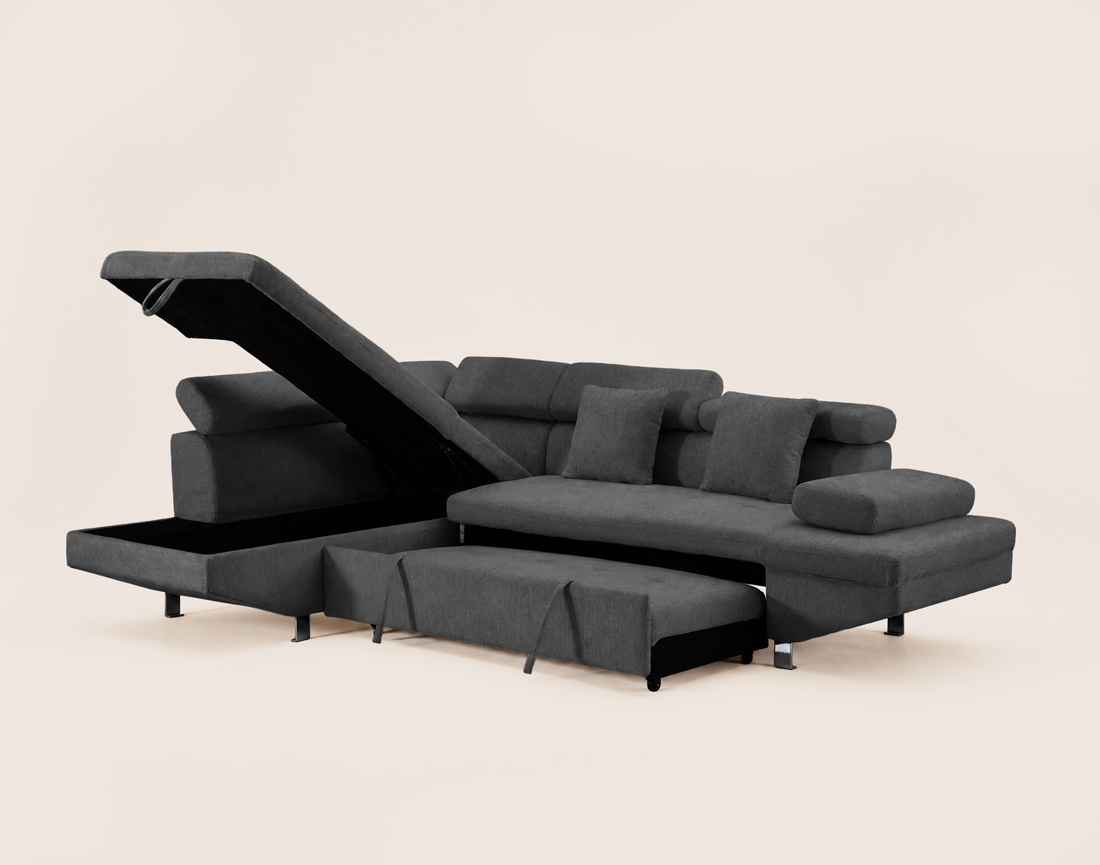 Canapé MARGAUX d'angle gauche 5 places convertible avec coffre et têtières réglables en velours texturé | Best Mobilier