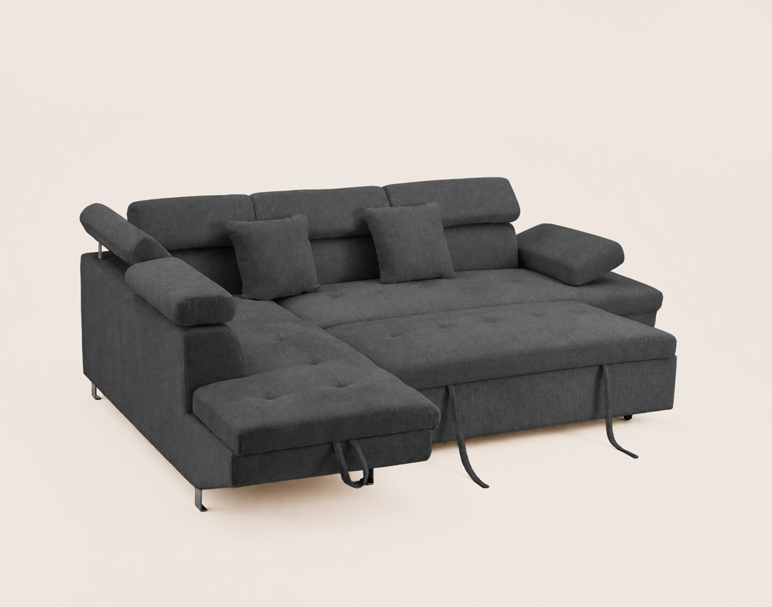 Canapé MARGAUX d'angle gauche 5 places convertible avec coffre et têtières réglables en velours texturé | Best Mobilier