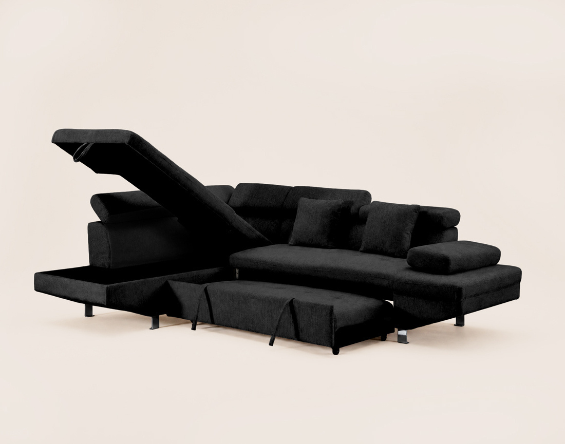 Canapé MARGAUX d'angle gauche 5 places convertible avec coffre et têtières réglables en velours texturé | Best Mobilier