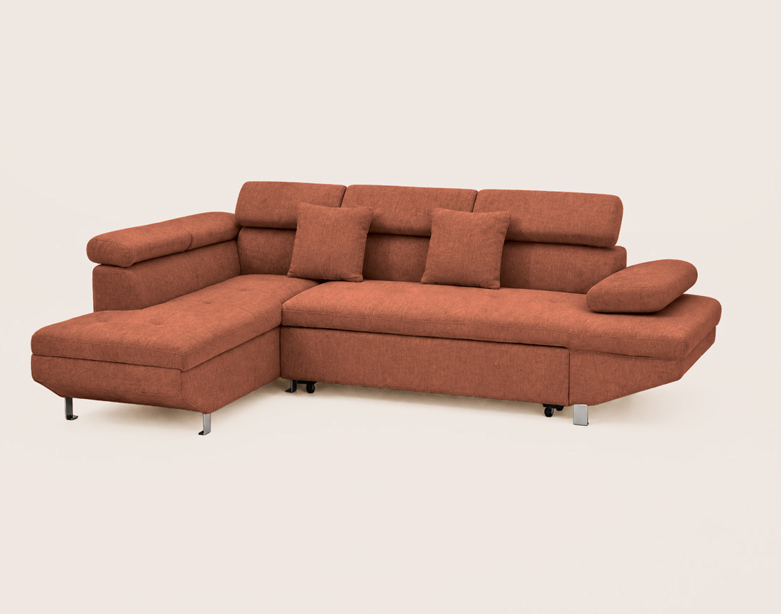 Canapé MARGAUX d'angle gauche 5 places convertible avec coffre et têtières réglables en velours texturé | Best Mobilier