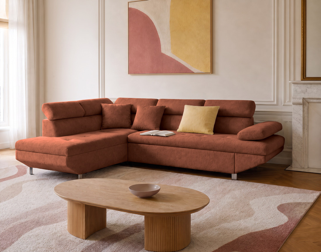 Canapé MARGAUX d'angle gauche 5 places convertible avec coffre et têtières réglables en velours texturé | Best Mobilier