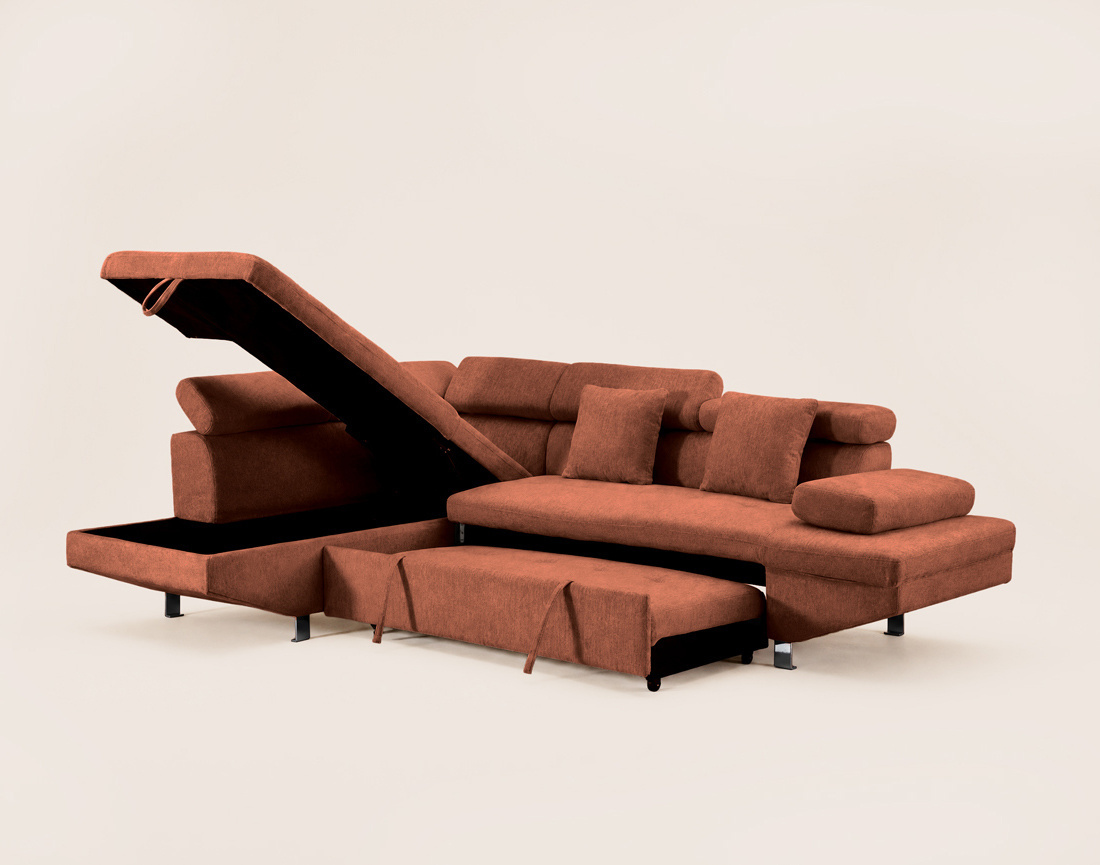 Canapé MARGAUX d'angle gauche 5 places convertible avec coffre et têtières réglables en velours texturé | Best Mobilier