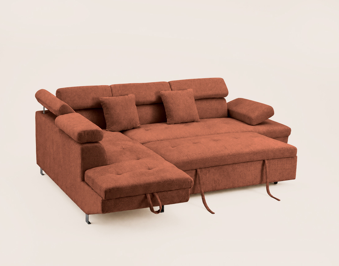 Canapé MARGAUX d'angle gauche 5 places convertible avec coffre et têtières réglables en velours texturé | Best Mobilier