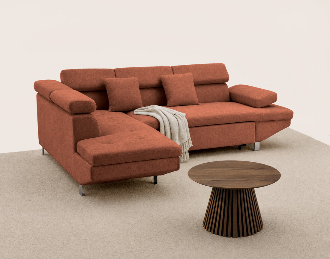 Canapé MARGAUX d'angle gauche 5 places convertible avec coffre et têtières réglables en velours texturé | Best Mobilier