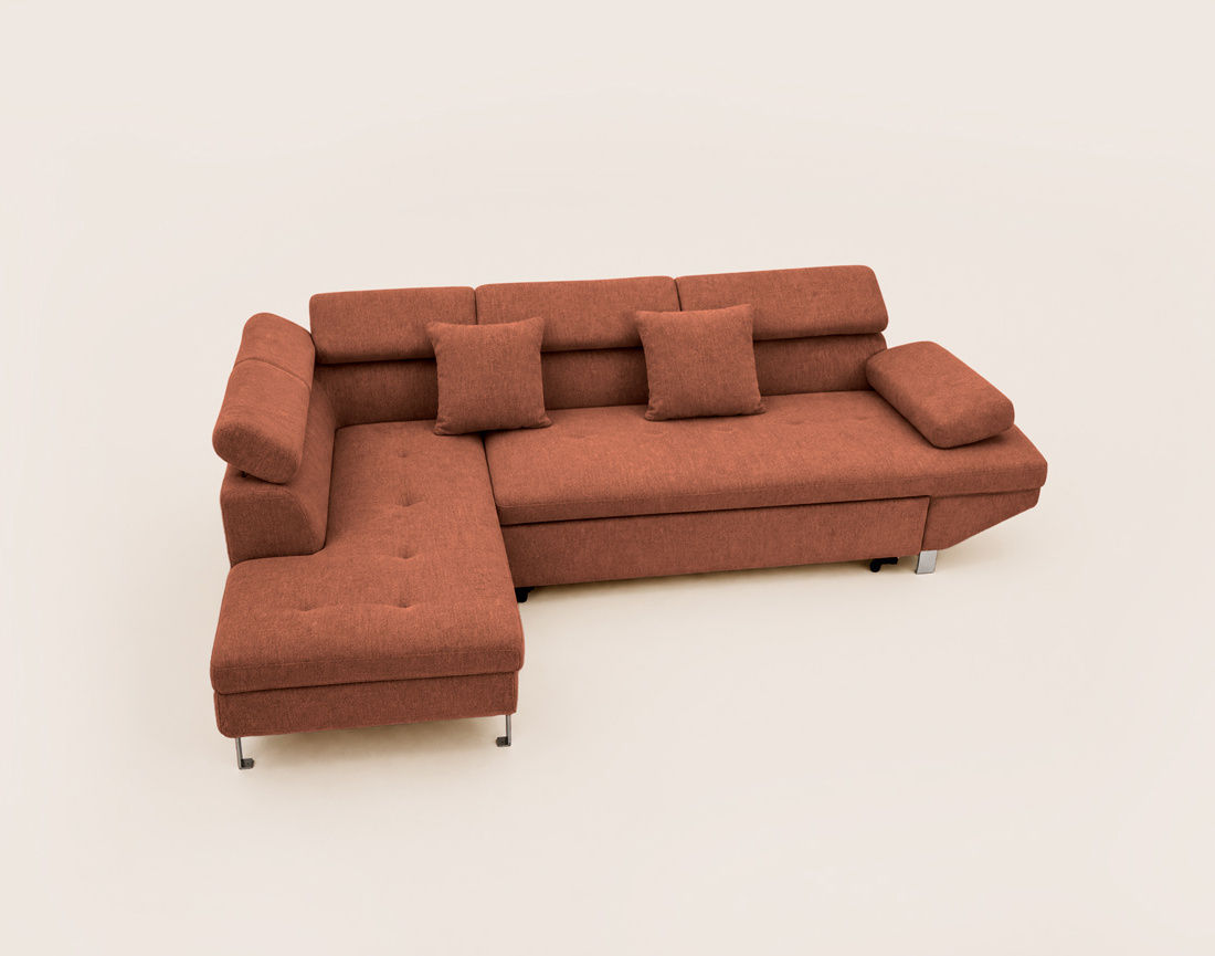 Canapé MARGAUX d'angle gauche 5 places convertible avec coffre et têtières réglables en velours texturé | Best Mobilier