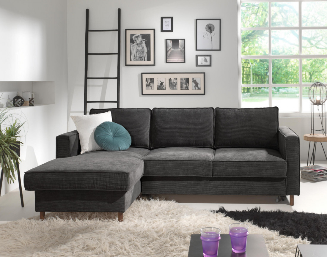 Canapé d'angle gauche convertible avec coffre 4 places en velours côtelé Jake