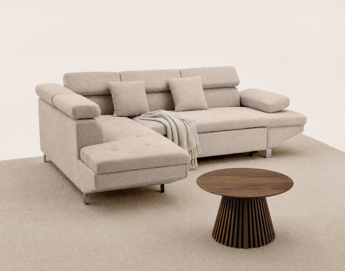 Canapé MARGAUX d'angle gauche 5 places convertible avec coffre et têtières réglables en velours texturé | Best Mobilier