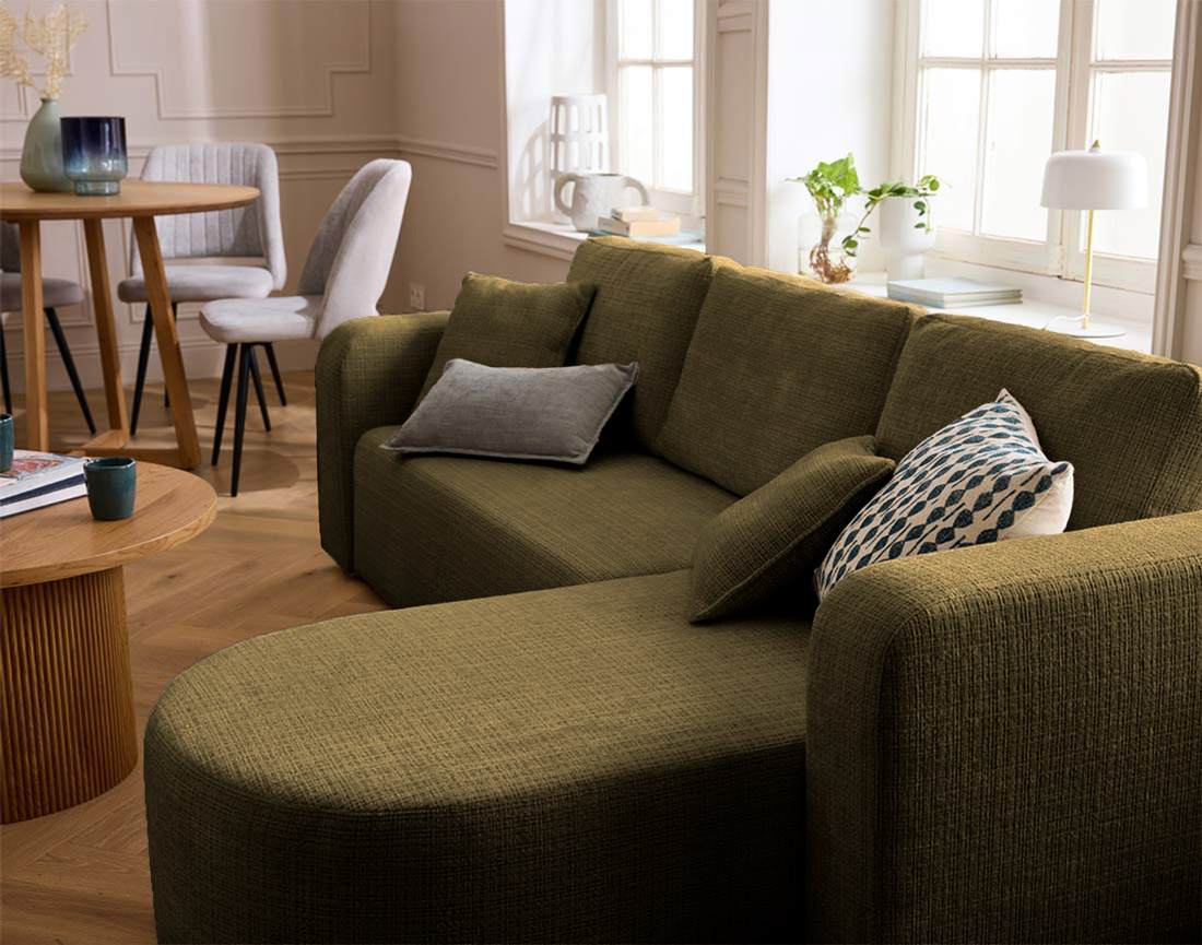 Canapé MIRO d'angle réversible 4 places convertible avec coffre en velours texturé | Best Mobilier