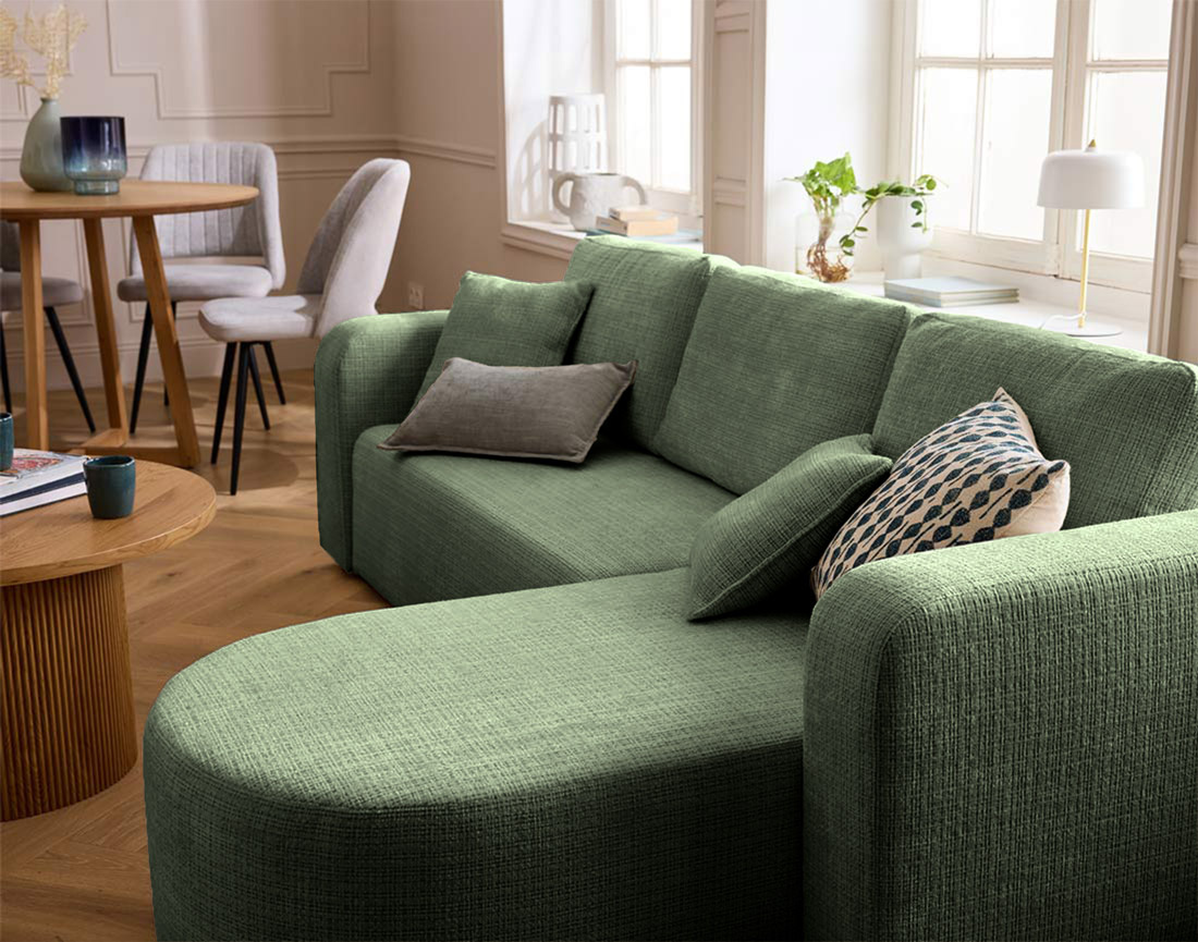 Canapé MIRO d'angle réversible 4 places convertible avec coffre en velours texturé | Best Mobilier
