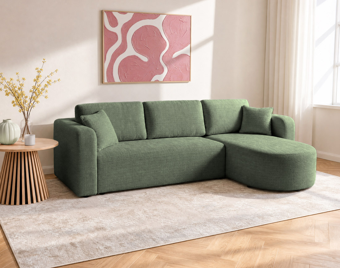 Canapé MIRO d'angle réversible 4 places convertible avec coffre en velours texturé | Best Mobilier