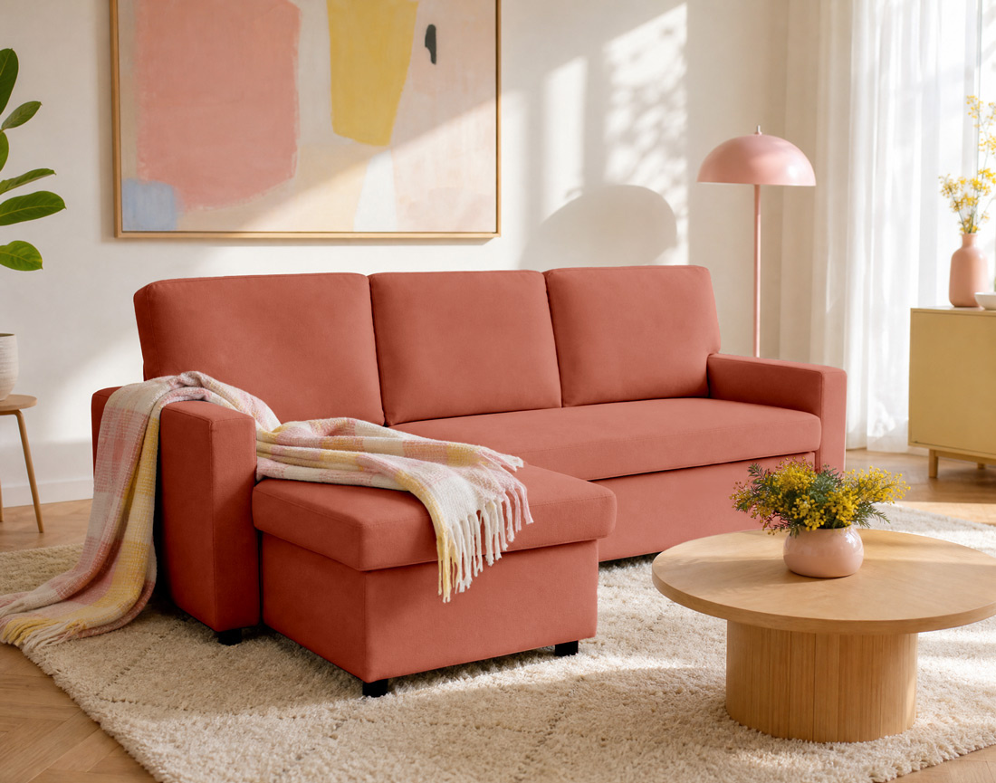 Canapé MEIYA d’angle 4 places en tissu convertible avec coffre | Best Mobilier