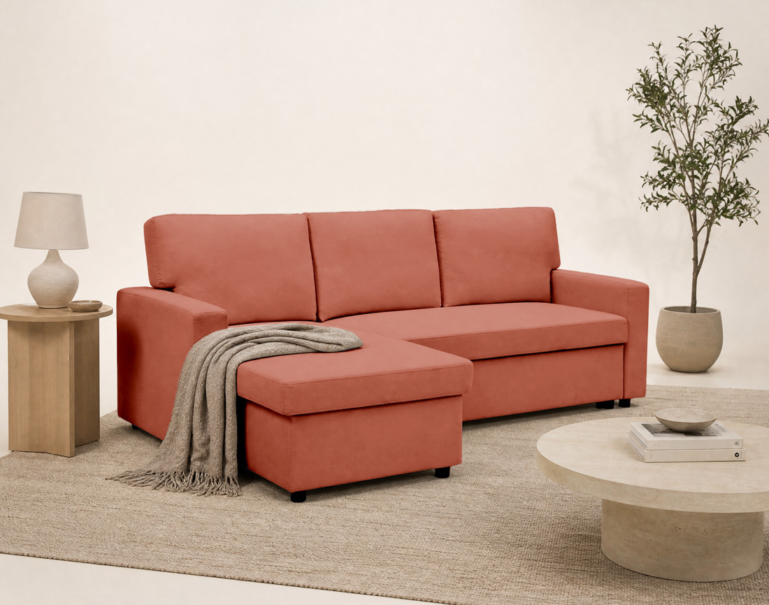 Canapé MEIYA d’angle 4 places en tissu convertible avec coffre | Best Mobilier
