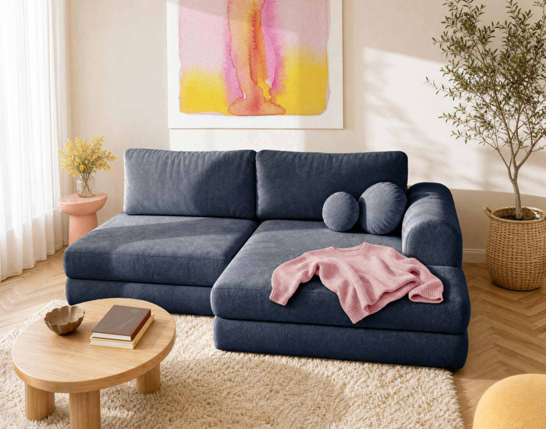Canapé APRIL angle droit 4 places convertible coffre velours texturé | Best Mobilier