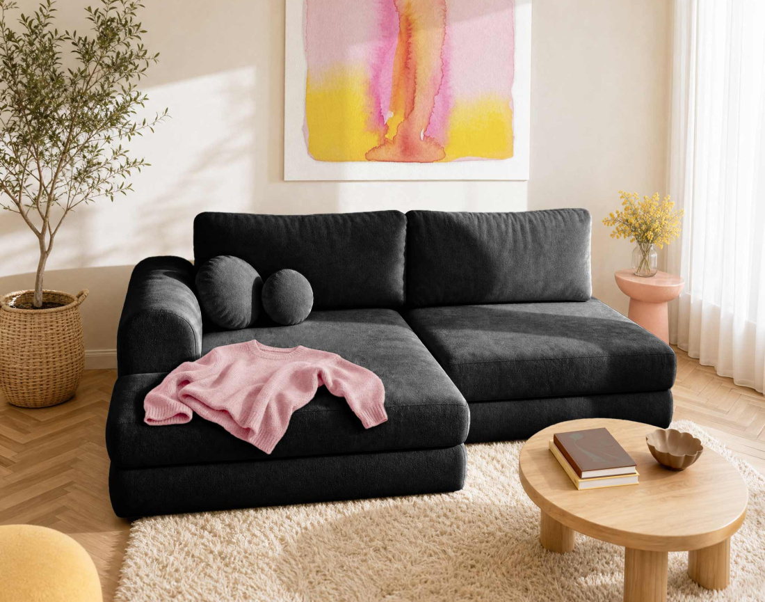 Canapé APRIL angle gauche 4 places convertible coffre velours texturé | Best Mobilier