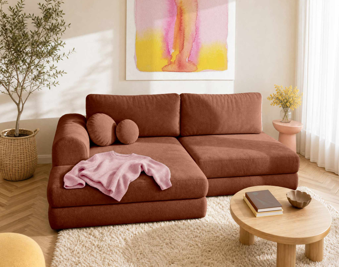 Canapé APRIL angle gauche 4 places convertible coffre velours texturé | Best Mobilier