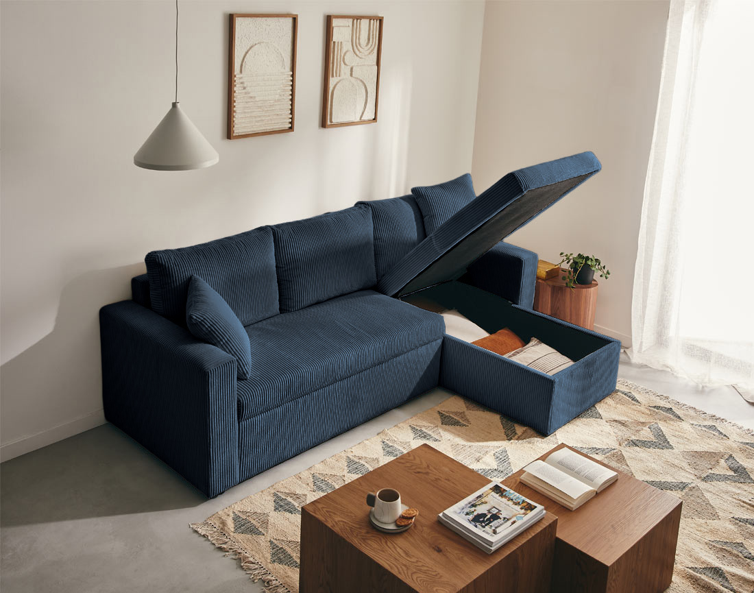 Canapé CYRUS d'angle réversible 4 places convertible coffre velours côtelé - Best Mobilier
