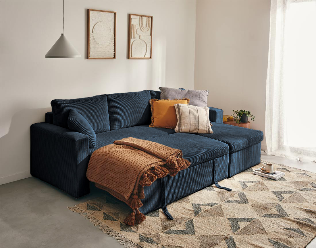 Canapé CYRUS d'angle réversible 4 places convertible coffre velours côtelé - Best Mobilier