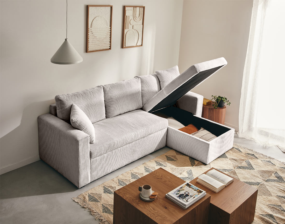 Canapé CYRUS d'angle réversible 4 places convertible coffre velours côtelé - Best Mobilier