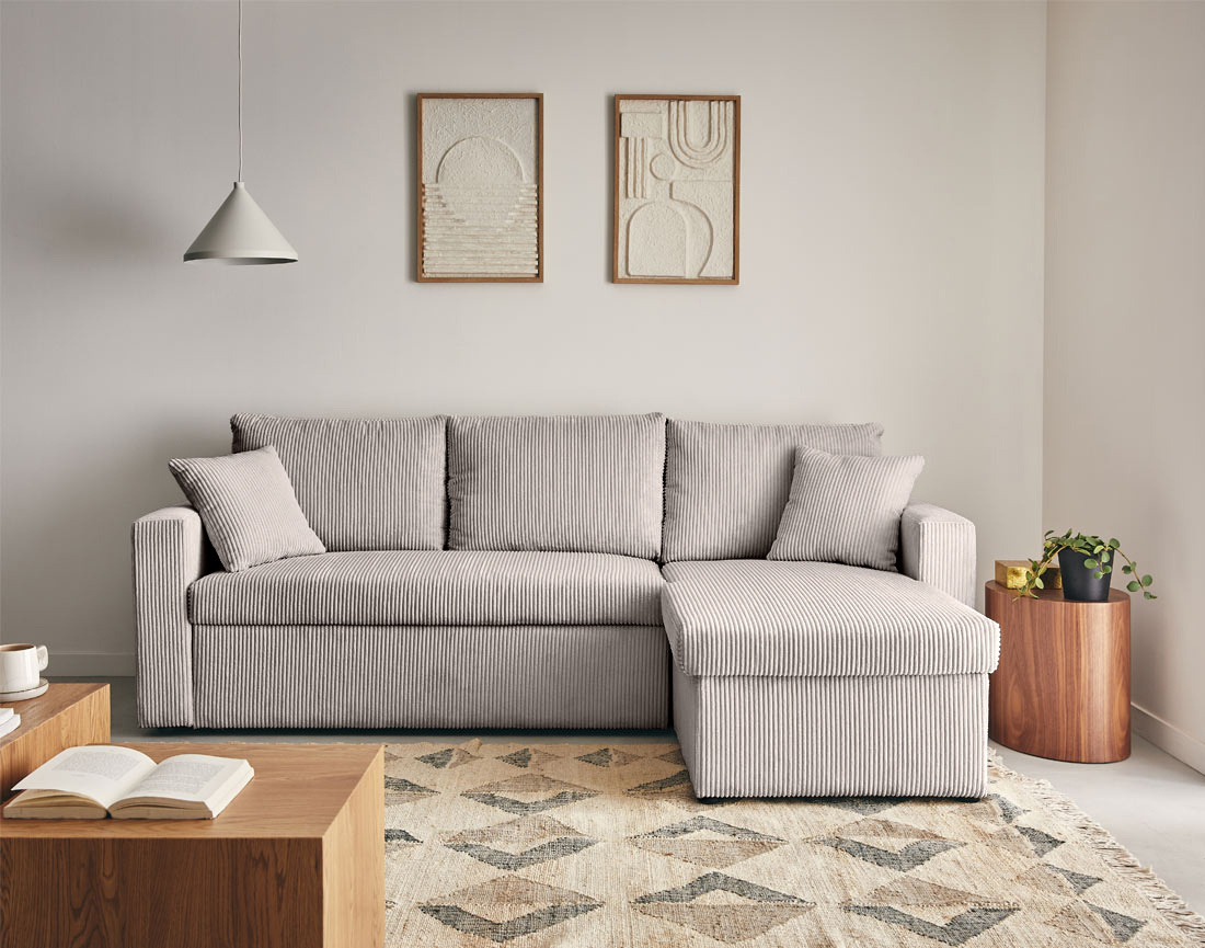 Canapé CYRUS d'angle réversible 4 places convertible coffre velours côtelé - Best Mobilier