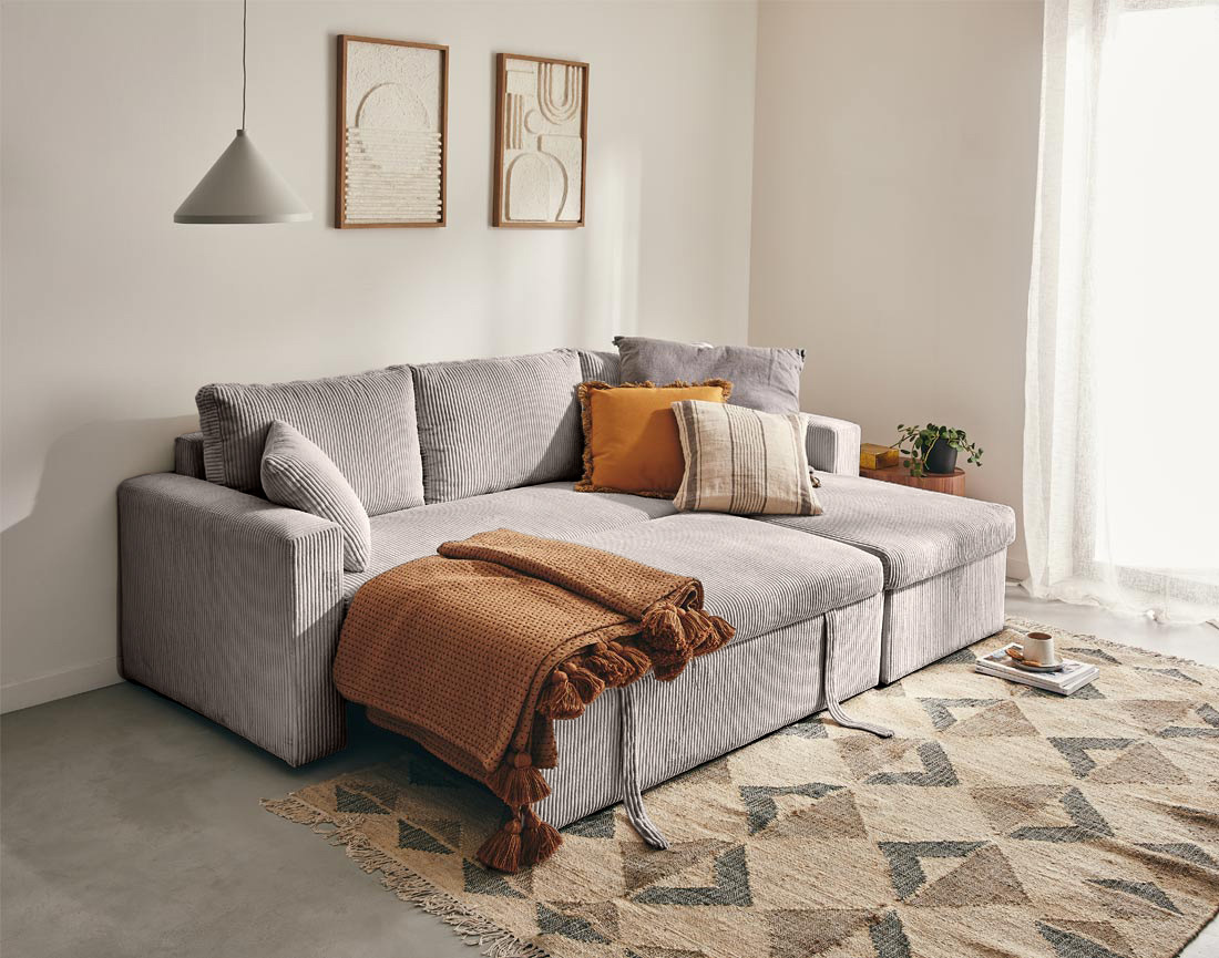 Canapé CYRUS d'angle réversible 4 places convertible coffre velours côtelé - Best Mobilier