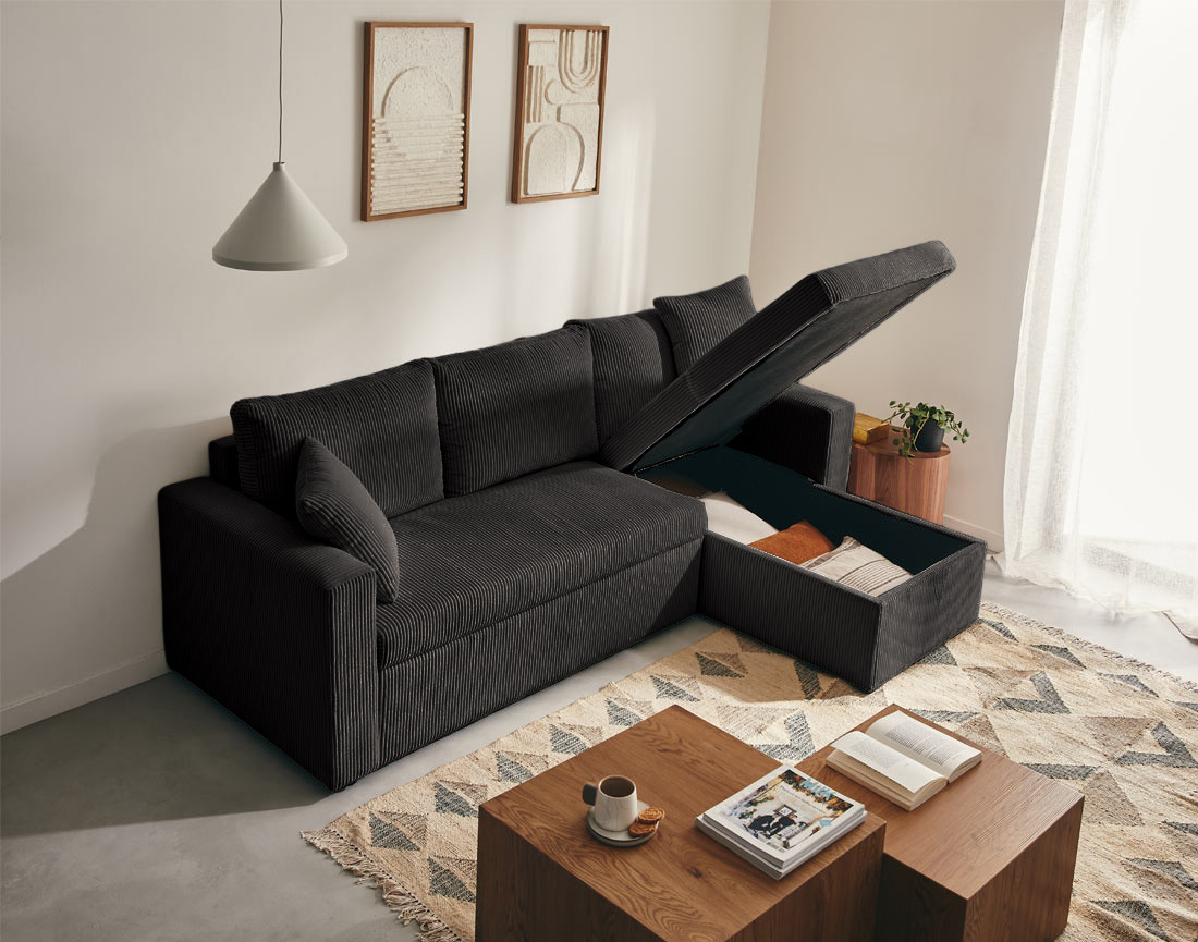 Canapé CYRUS d'angle réversible 4 places convertible coffre velours côtelé - Best Mobilier