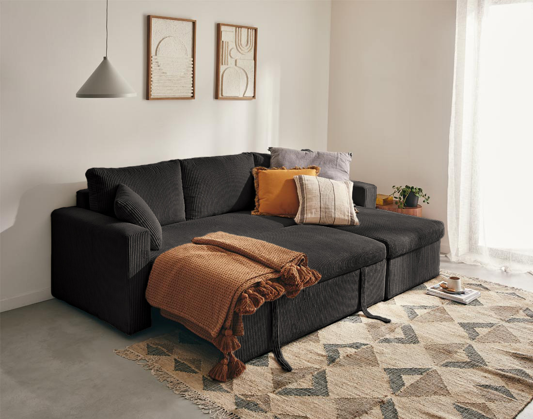 Canapé CYRUS d'angle réversible 4 places convertible coffre velours côtelé - Best Mobilier