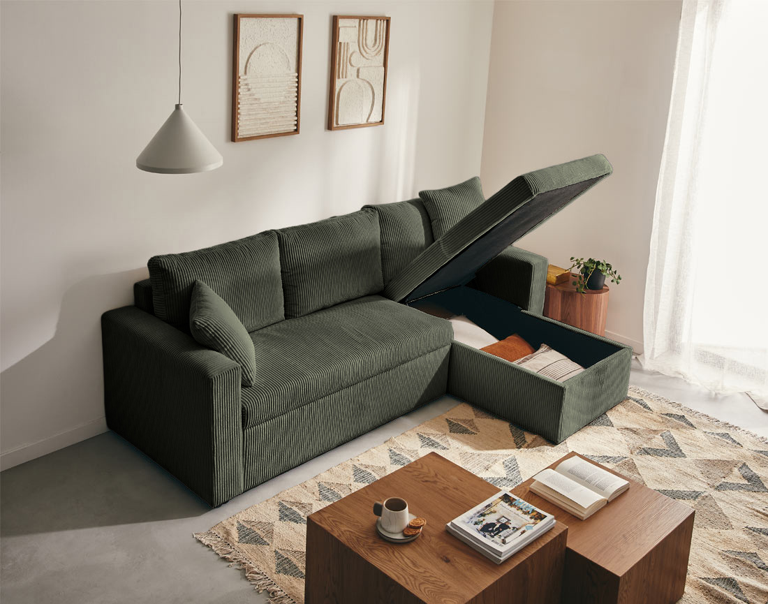 Canapé CYRUS d'angle réversible 4 places convertible coffre velours côtelé - Best Mobilier