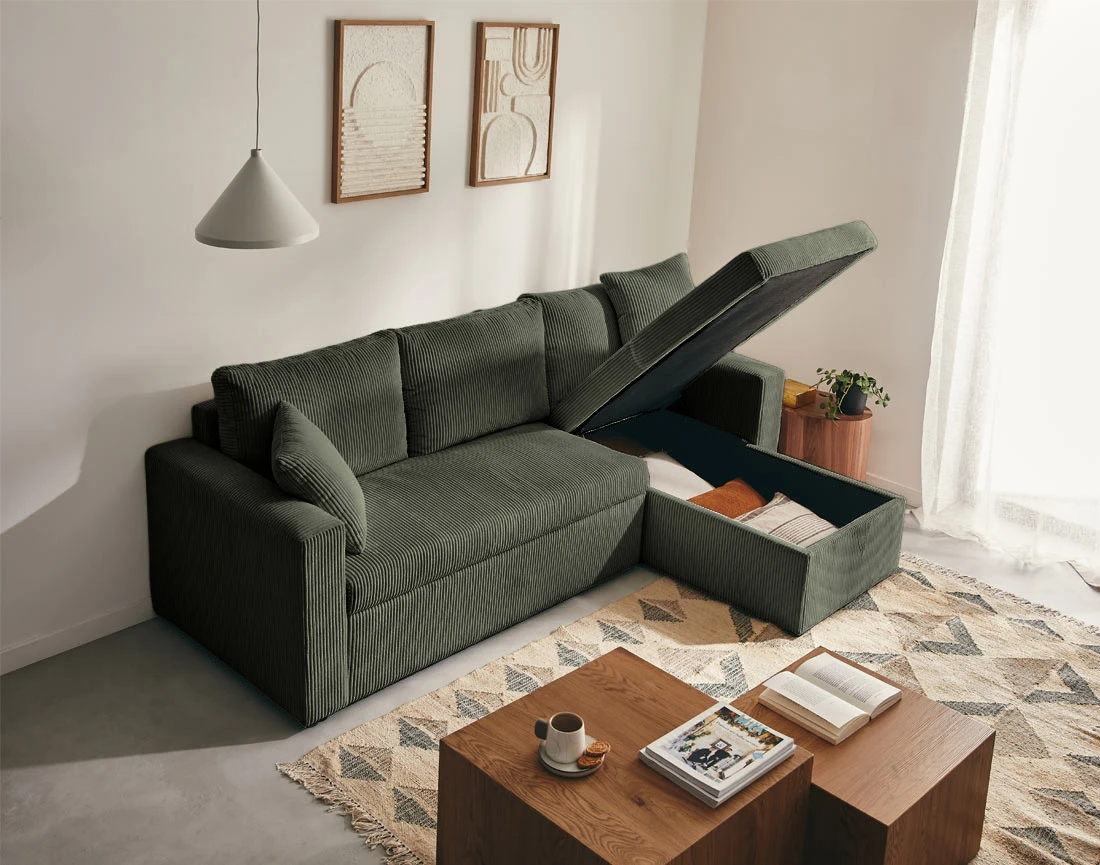 Canapé CYRUS d'angle réversible 4 places convertible coffre velours côtelé - Best Mobilier