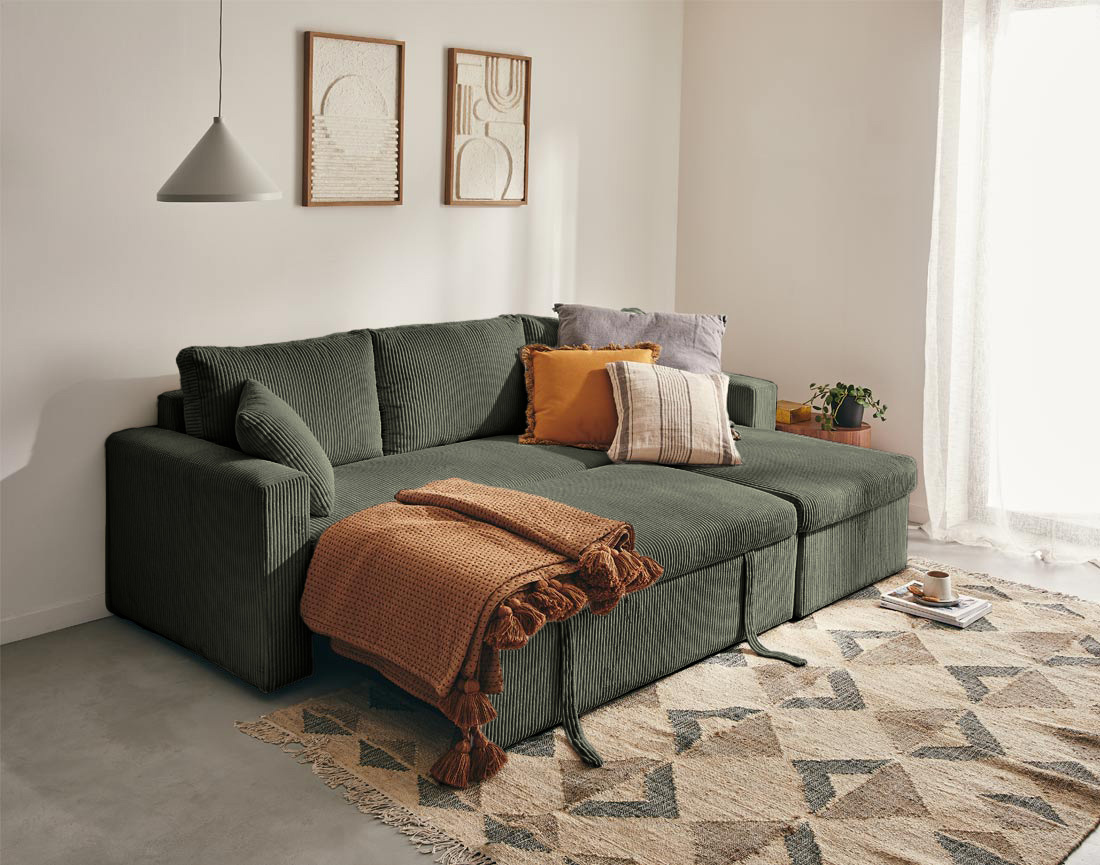 Canapé CYRUS d'angle réversible 4 places convertible coffre velours côtelé - Best Mobilier
