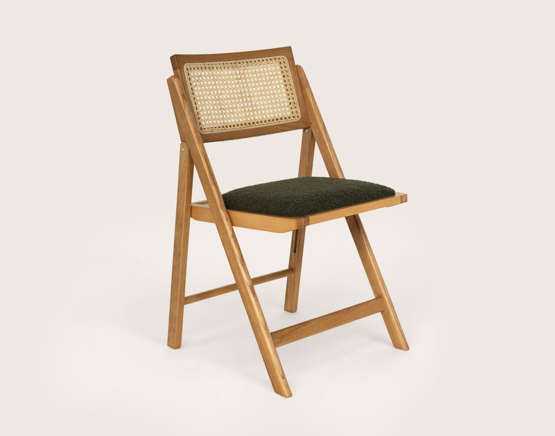 Lot de 2 chaises LORENZO pliantes frêne massif, cannage et tissu bouclette | Best Mobilier