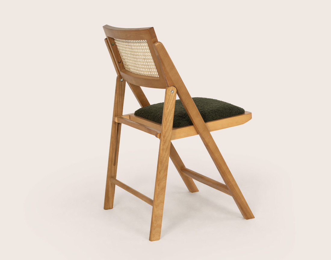 Lot de 2 chaises LORENZO pliantes frêne massif, cannage et tissu bouclette | Best Mobilier