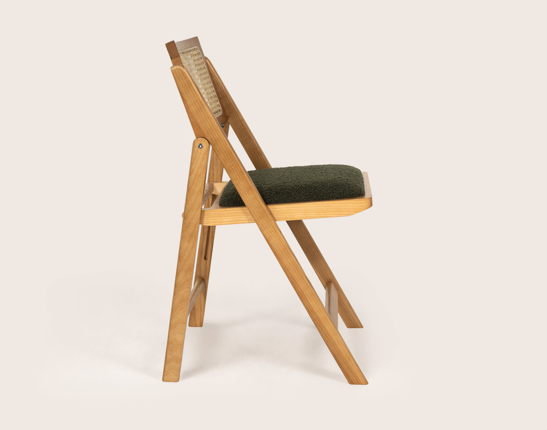 Lot de 2 chaises LORENZO pliantes frêne massif, cannage et tissu bouclette | Best Mobilier