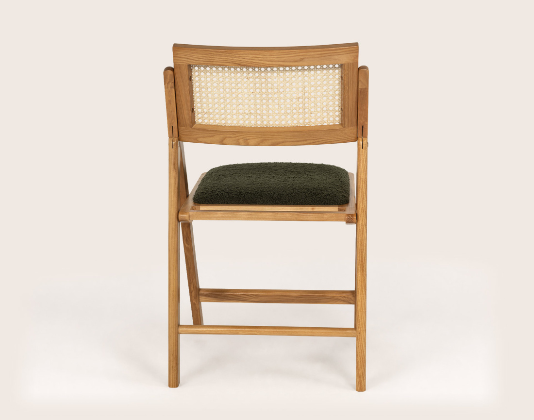 Lot de 2 chaises LORENZO pliantes frêne massif, cannage et tissu bouclette | Best Mobilier