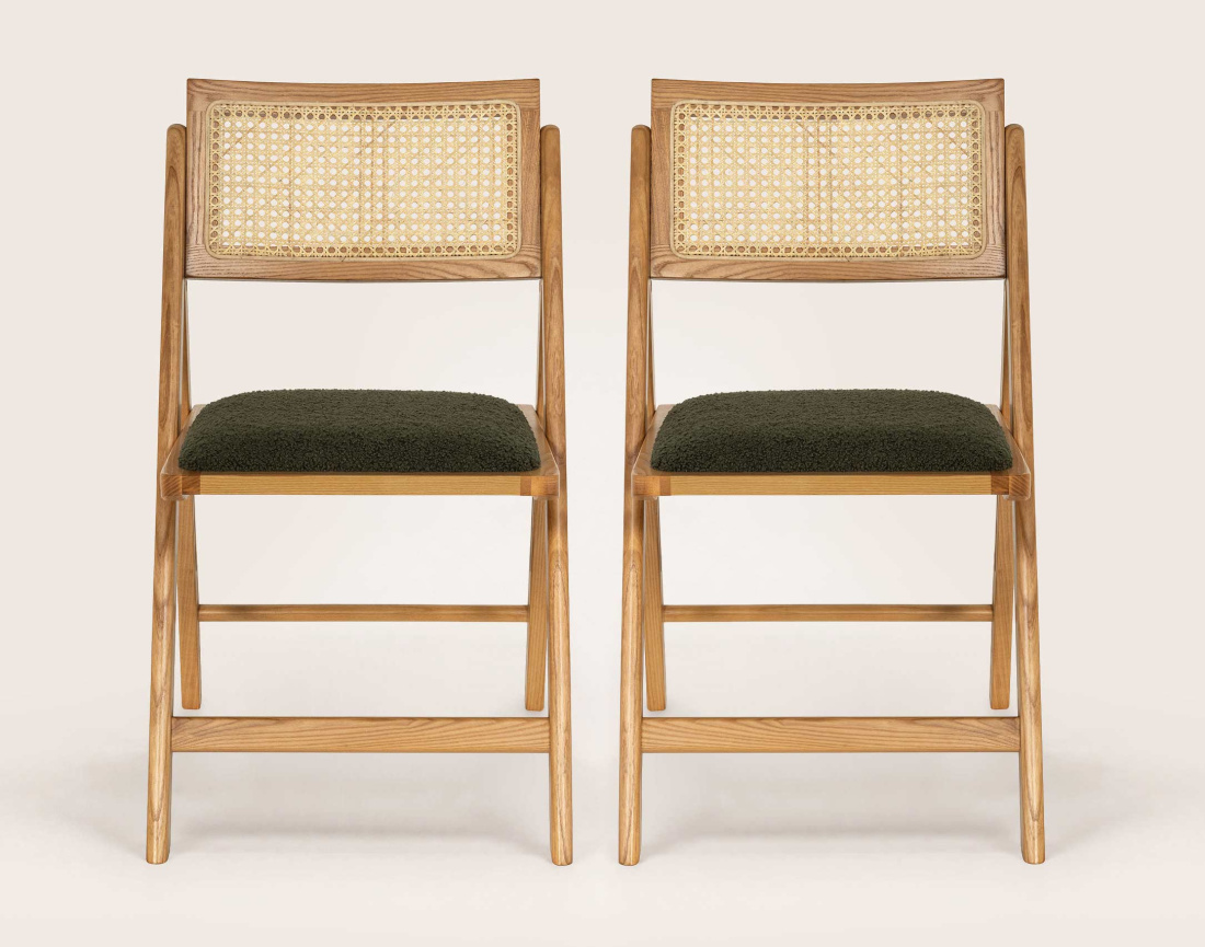 Lot de 2 chaises LORENZO pliantes frêne massif, cannage et tissu bouclette | Best Mobilier