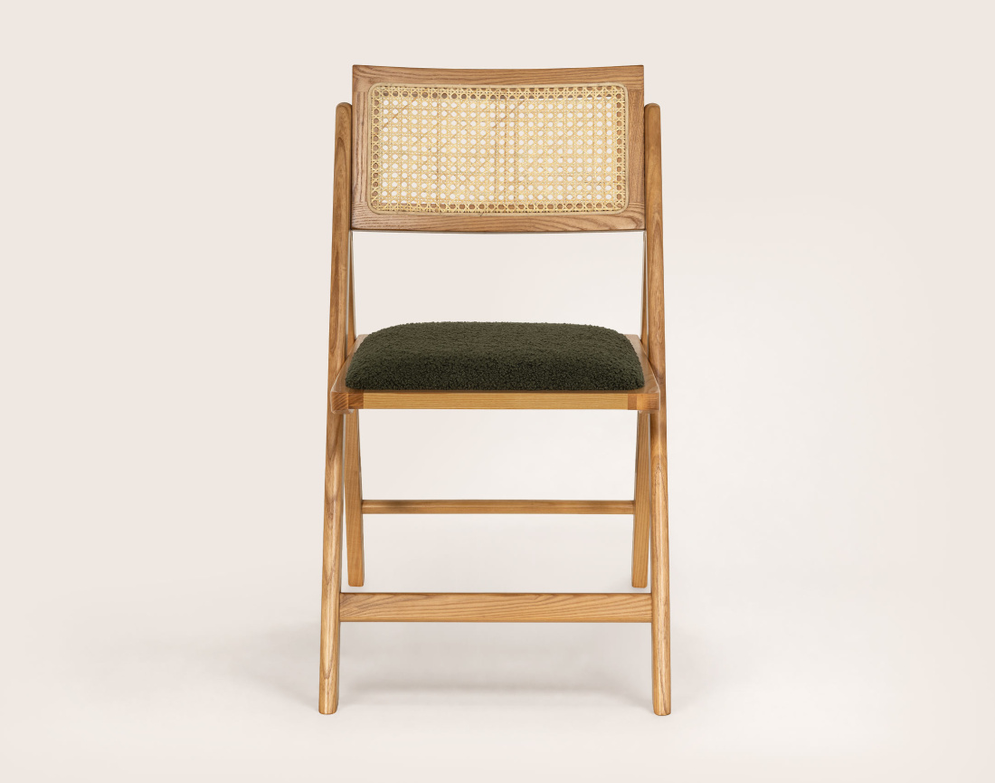 Lot de 2 chaises LORENZO pliantes frêne massif, cannage et tissu bouclette | Best Mobilier