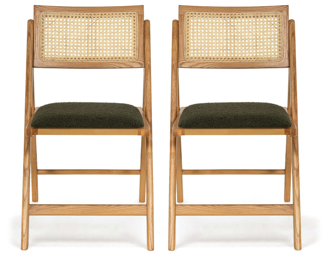 Lot de 2 chaises LORENZO pliantes frêne massif, cannage et tissu bouclette | Best Mobilier