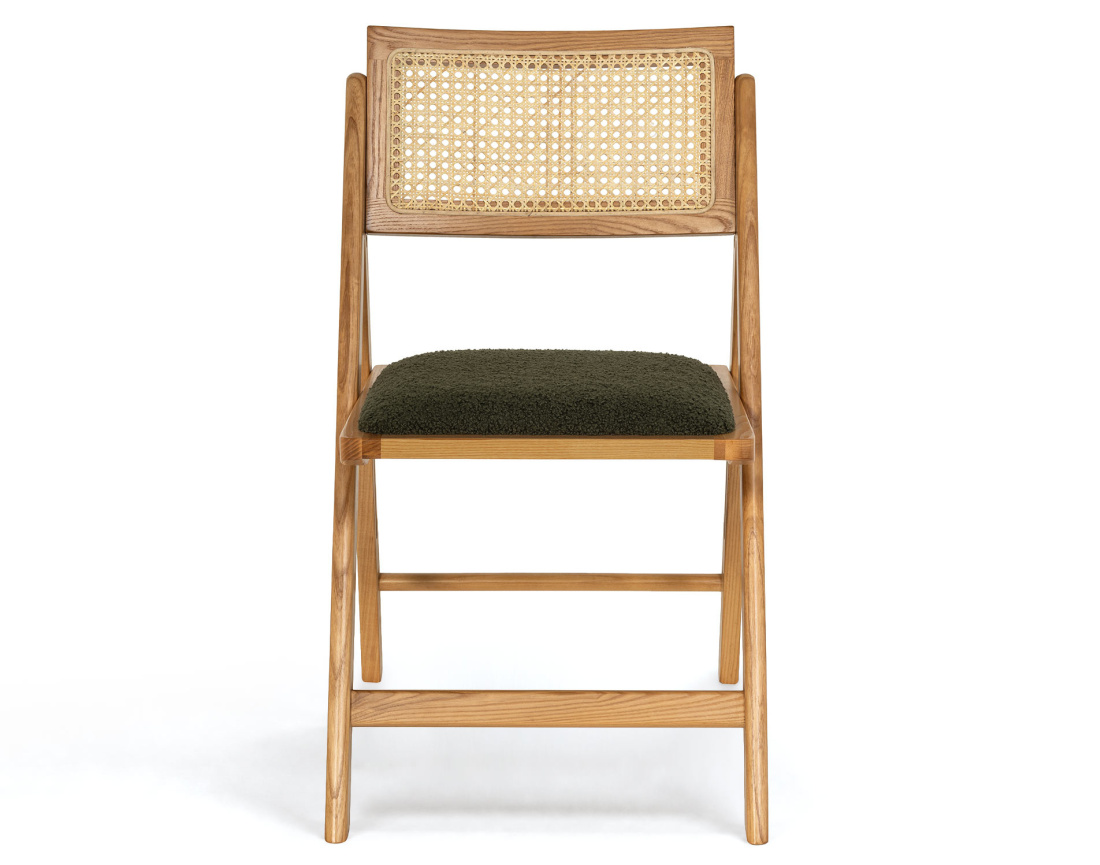 Lot de 2 chaises LORENZO pliantes frêne massif, cannage et tissu bouclette | Best Mobilier