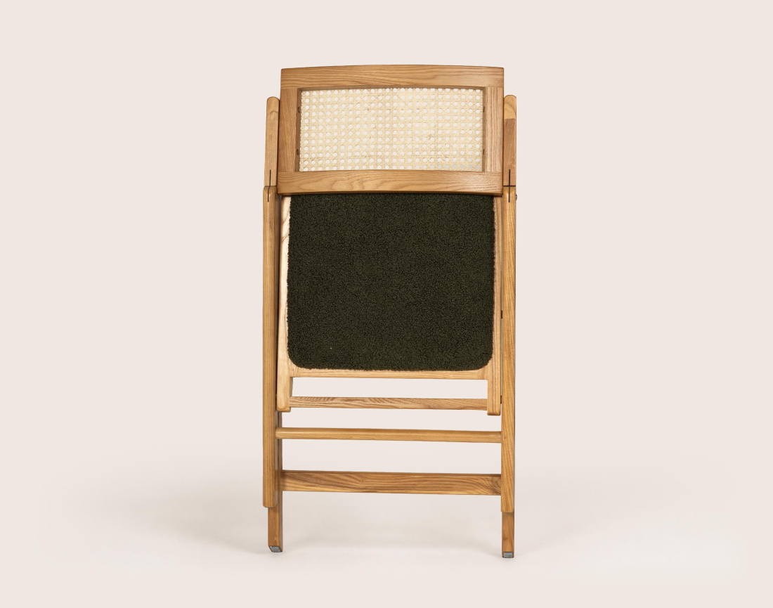 Lot de 2 chaises LORENZO pliantes frêne massif, cannage et tissu bouclette | Best Mobilier