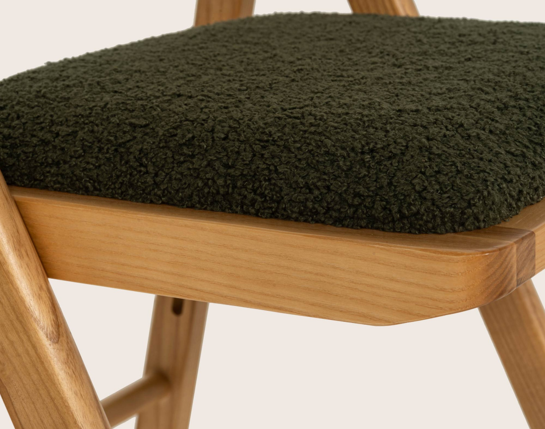 Lot de 2 chaises LORENZO pliantes frêne massif, cannage et tissu bouclette | Best Mobilier