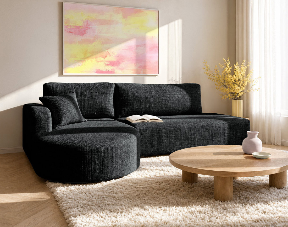 Canapé MIRO d'angle gauche 4 places convertible avec coffre sans accoudoirs en velours texturé | Best Mobilier