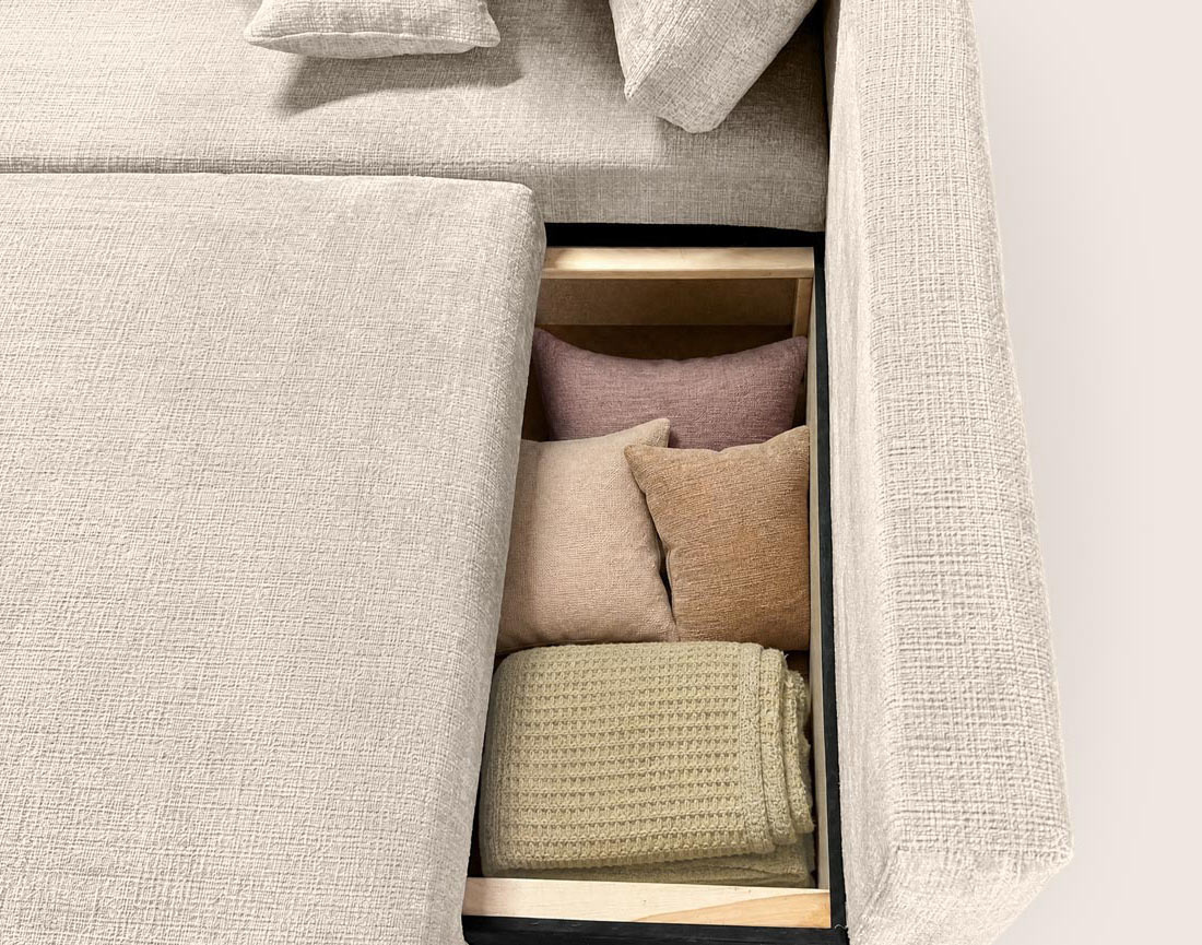 Canapé MIRO d'angle gauche 4 places convertible avec coffre sans accoudoirs en velours texturé | Best Mobilier