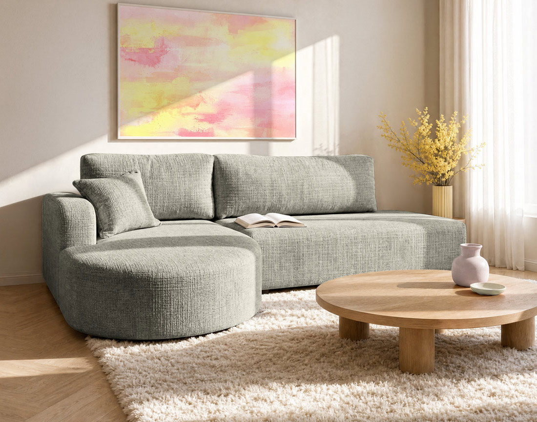 Canapé MIRO d'angle gauche 4 places convertible avec coffre sans accoudoirs en velours texturé | Best Mobilier