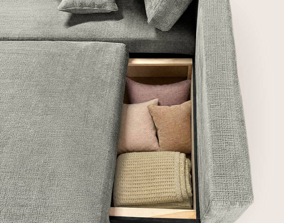 Canapé MIRO d'angle gauche 4 places convertible avec coffre sans accoudoirs en velours texturé | Best Mobilier