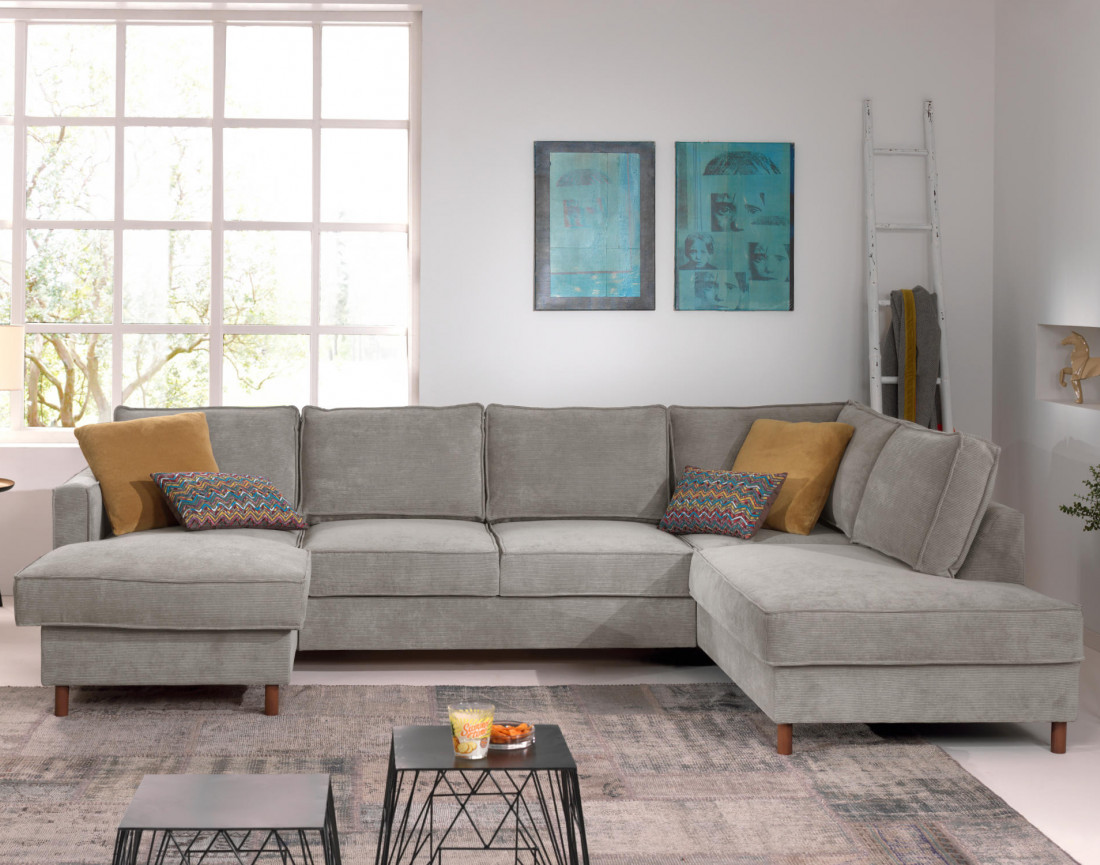 Canapé panoramique d'angle droit convertible avec coffre 7 places en velours côtelé Jake