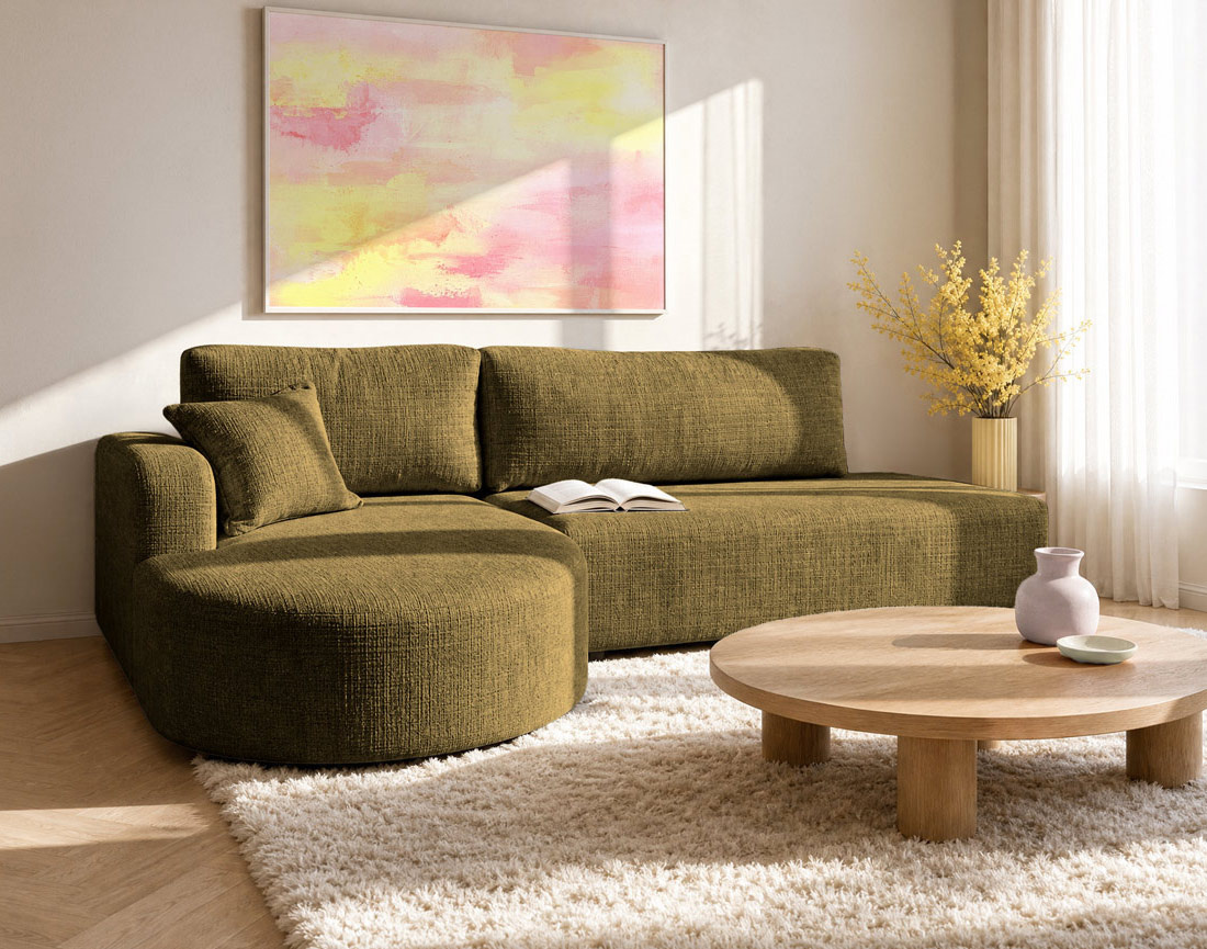 Canapé MIRO d'angle gauche 4 places convertible avec coffre sans accoudoirs en velours texturé | Best Mobilier