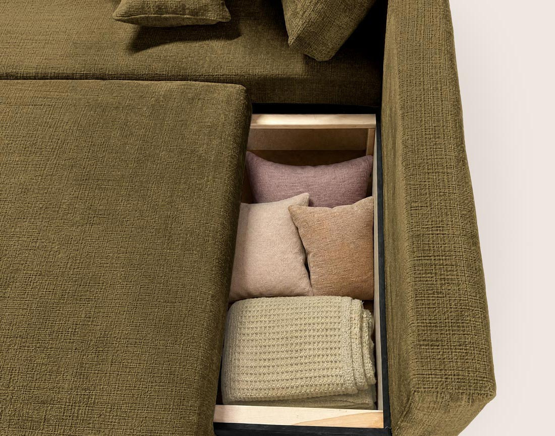 Canapé MIRO d'angle gauche 4 places convertible avec coffre sans accoudoirs en velours texturé | Best Mobilier